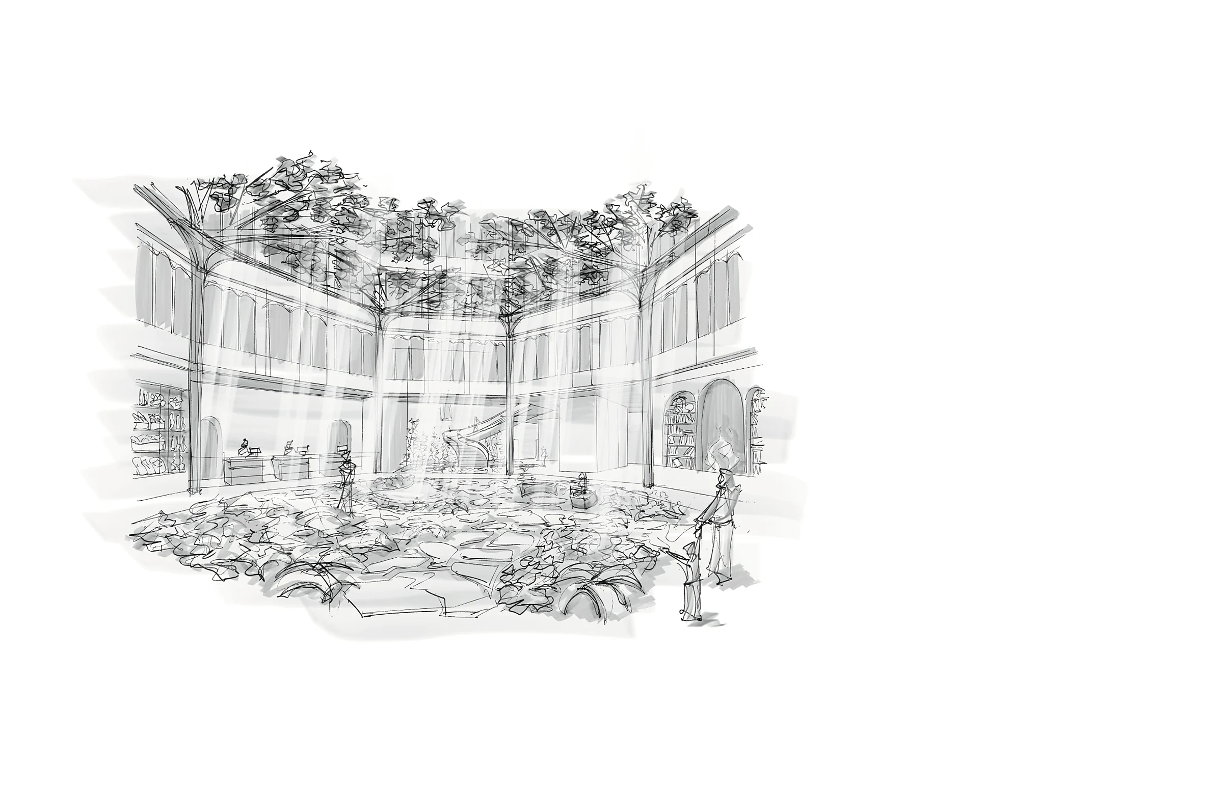 Sketch of a sunlit library atrium with trees rising through the roof.