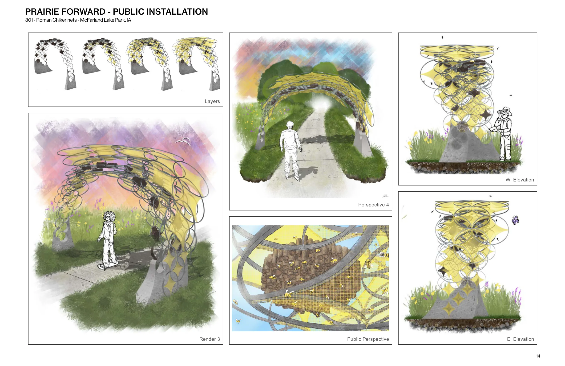 Prairie Forward — east and west elevations and public perspective.